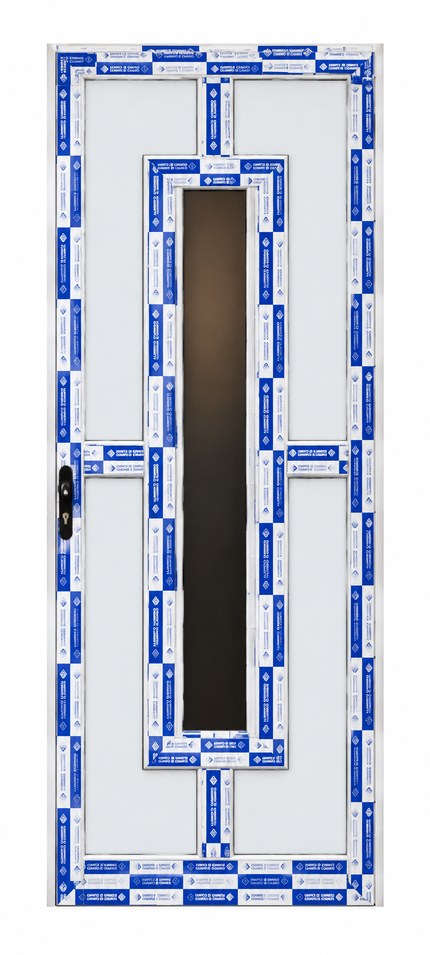 Puerta de diseño combinado con chapa de aluminio y cristal central foto 2